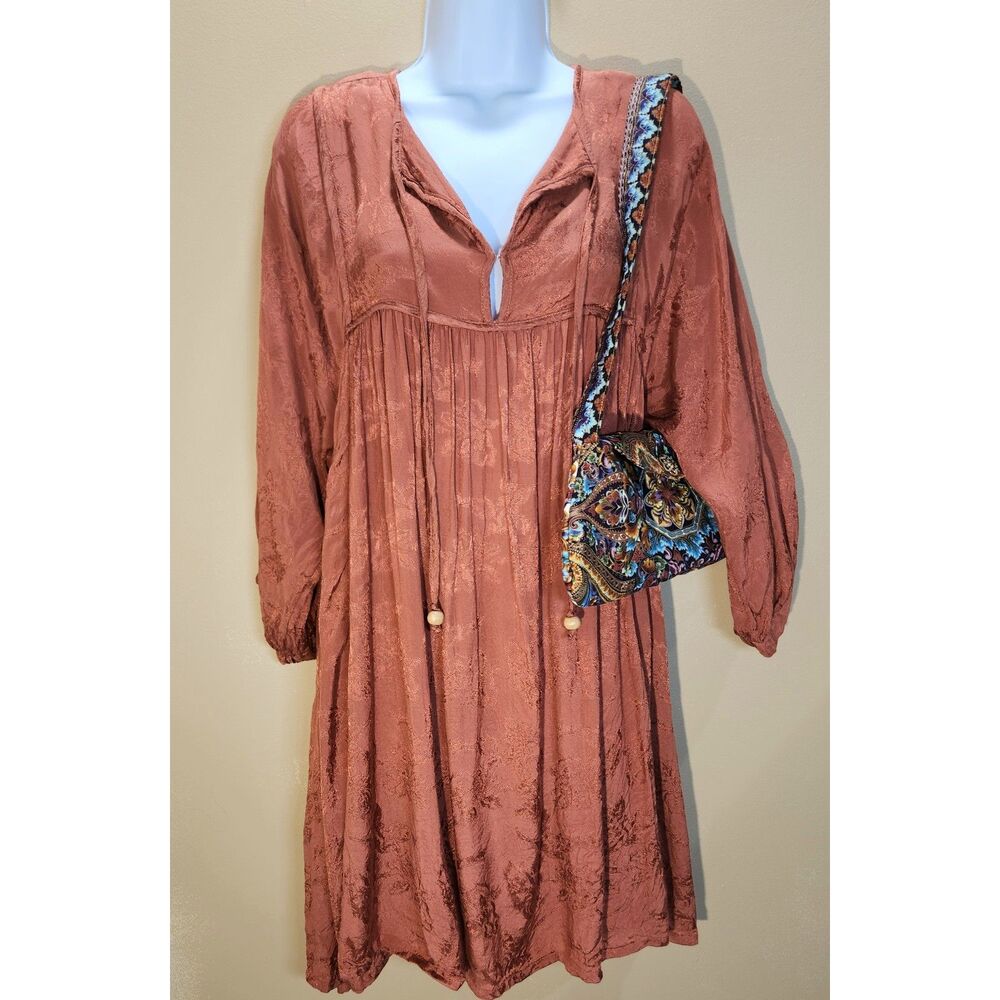 Natural Life Mini Dress Boho Peasant Babydoll Oversized Rust Rayon Medium